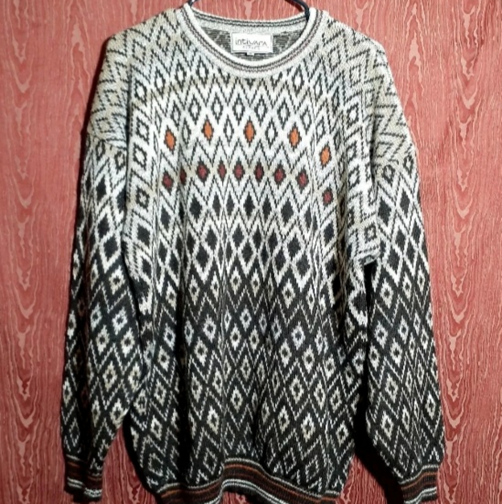 Intiwara Mens XL 100% Alpaca Wool Crewneck Pullover Sweater Geometric Multicolor